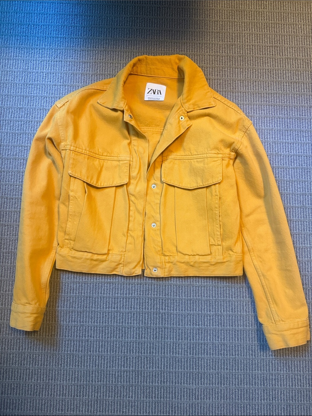 Zara cotton jean blazer sunflower warm yellow snap front with pockets
